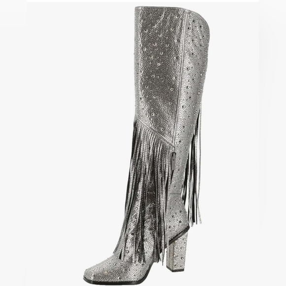 🔹️Jessica Simpson🔹️ Pewter ASIRE  Rhinestone Tall Shaft Fringe Boots - Picture 2 of 5